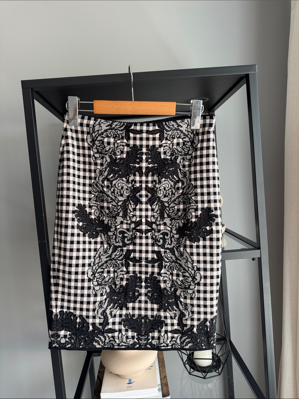 260. Black & White Gingham Pencil Skirt with Lace Embroidery